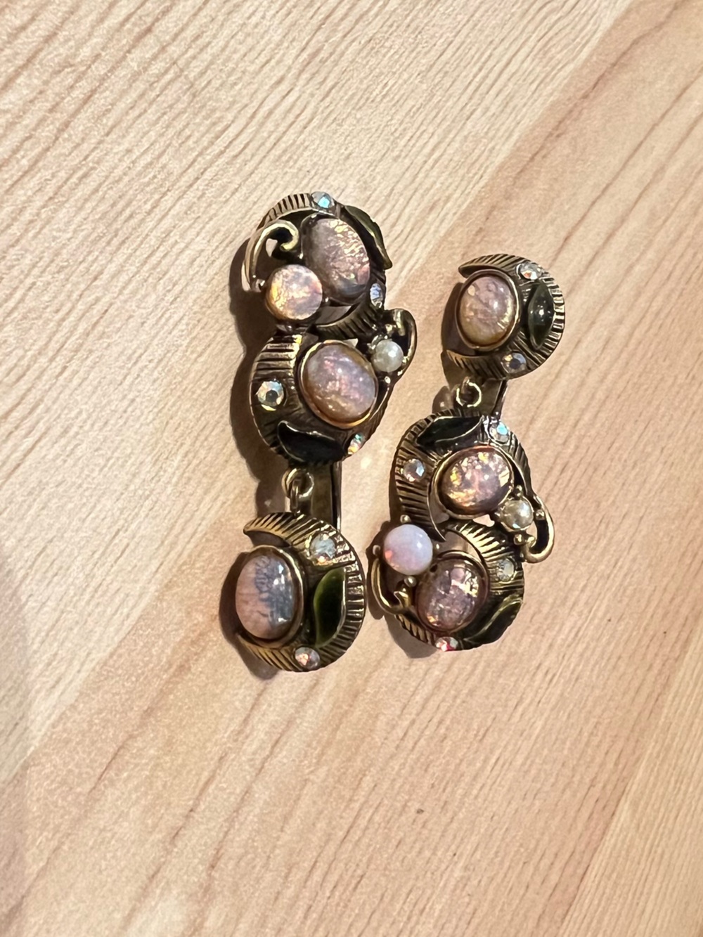 Albert Weiss Gold-Tone Earrings with Pink Opal Cabochons and Crystal Accents - Picture 2 of 6